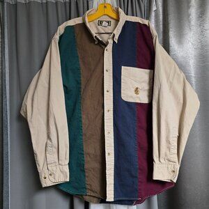 Vintage 90s Mens XXL Colorblock Striped Hunting Horn Button Up Long Sleeve Shirt
